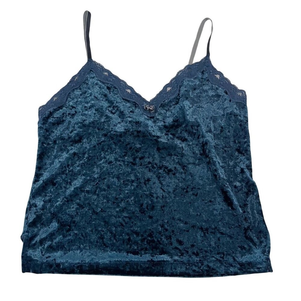 Vintage Blue Crushed Velvet Lace Trim Camisole Cami Tank Top Fairy‎ Grunge LARGE